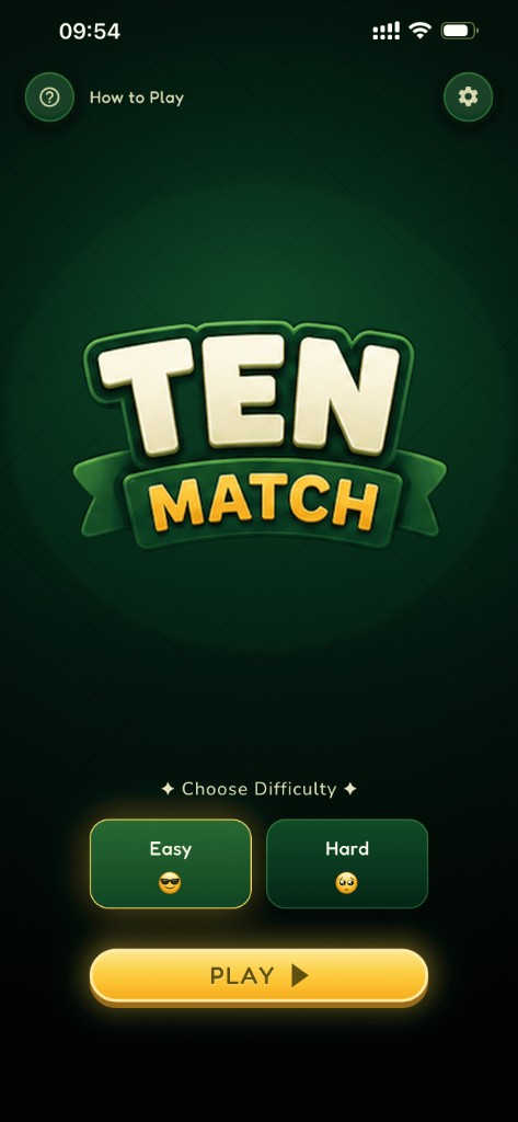 Ten Match home screen with difficulty selection